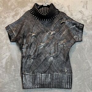 Vintage Baby Phat Mock Neck Silver Metallic‎ Short Sleeve Sweater Women's XL